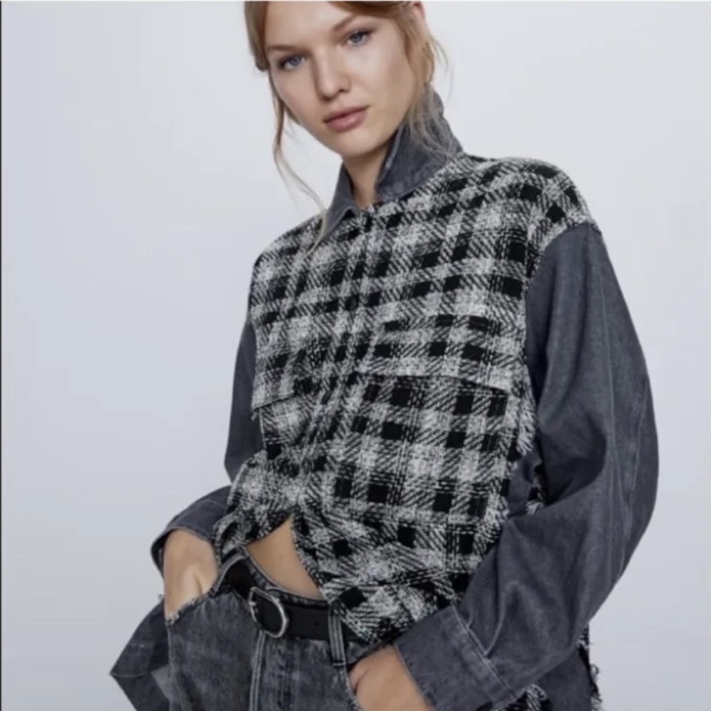 Zara Denim Tweed Button-Front Jacket - Size Extra Small (XS)